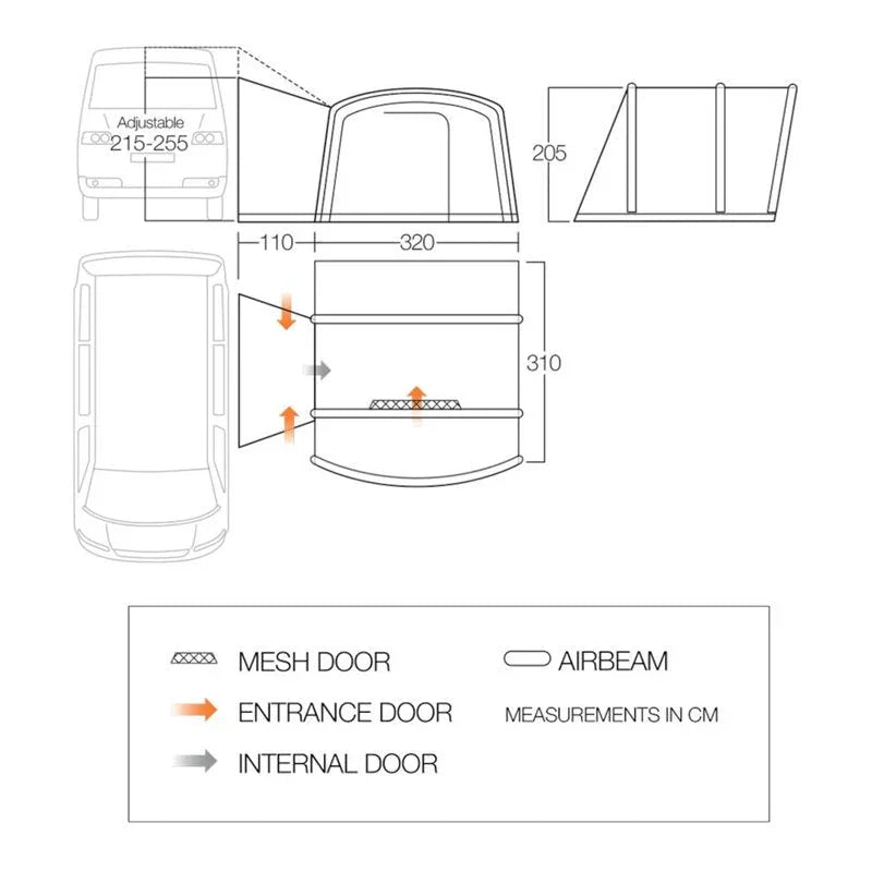 Motorhome awning dimensions with mesh and entrance doors, adjustable 215-255cm
