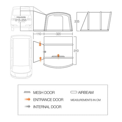 Motorhome awning dimensions with mesh and entrance doors, adjustable 215-255cm