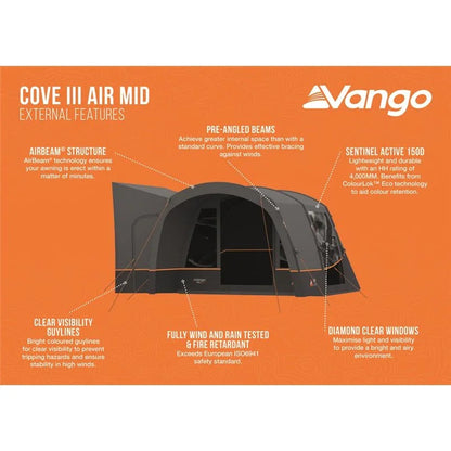 Vango Cove III Air Mid tent with AirBeam structure, pre-angled beams, clear windows, and wind/rain tested fabric for camping adventures.
