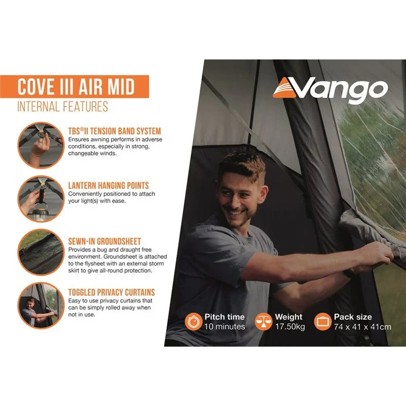 Vango Cove III Air Mid tent interior features: TBS tension band, lantern points, sewn-in groundsheet, privacy curtains