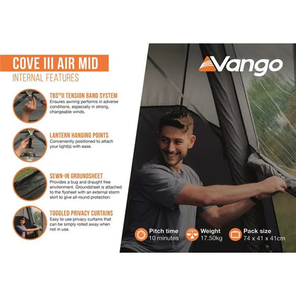 Vango Cove III Air Mid tent interior features: TBS tension band, lantern points, sewn-in groundsheet, privacy curtains