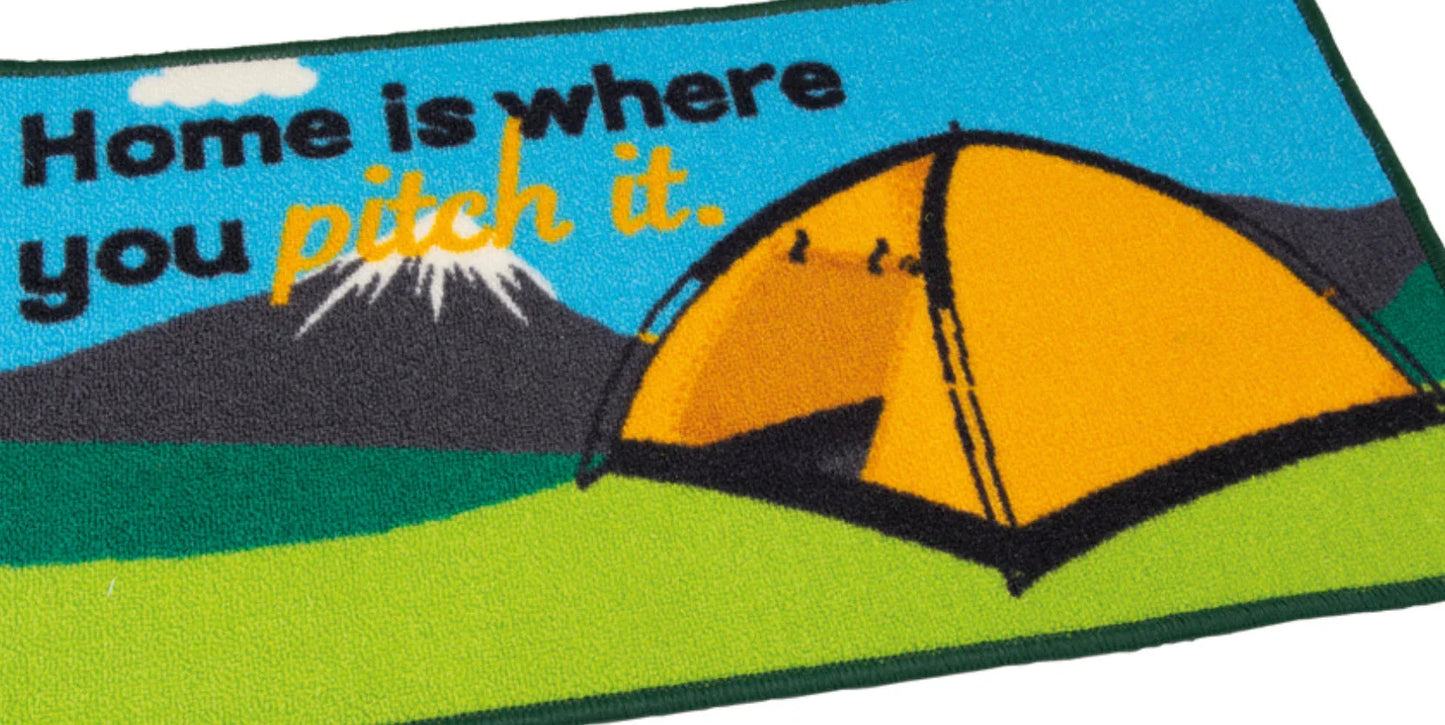Patch with a camping tent and text 'Home is where you pitch it.' on a scenic background.