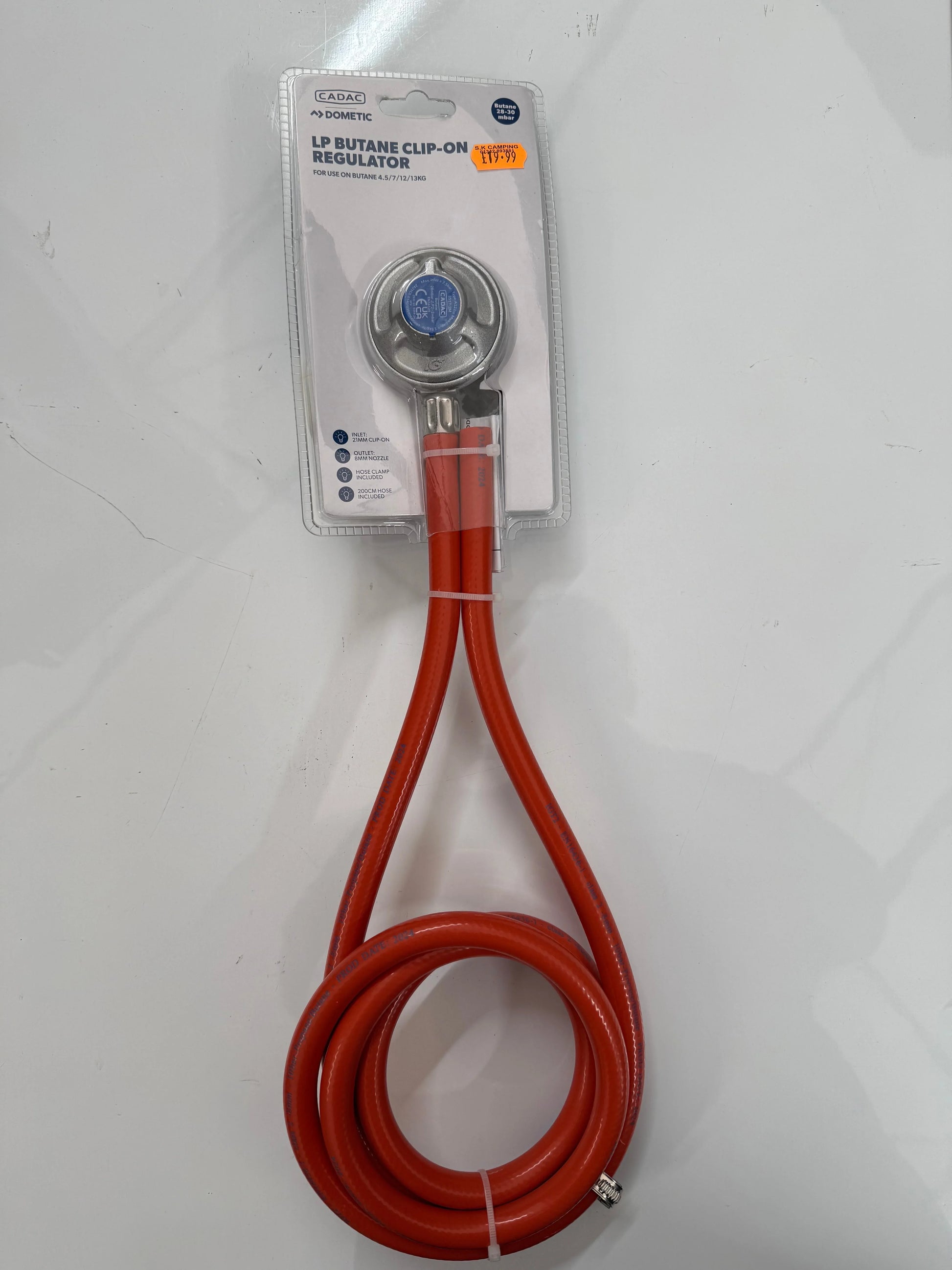 LP Butane Clip-On Regulator with orange hose for camping and outdoor cooking equipment