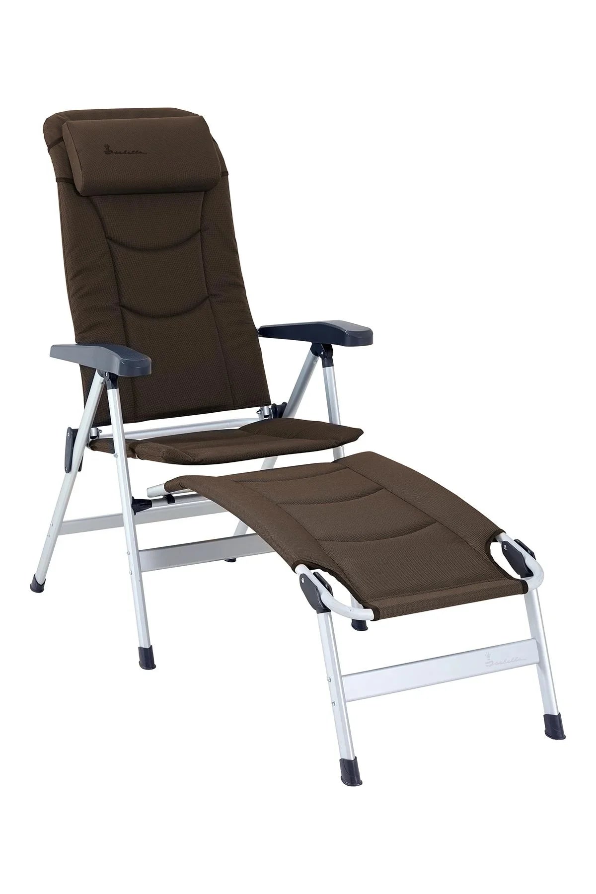 Brown reclining camping chair with footrest, perfect for outdoor relaxation and caravanning adventures.